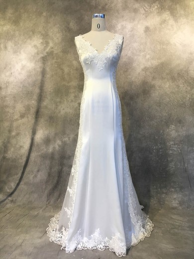 Satin Tulle Trumpet/Mermaid V-neck Court Train with Appliques Lace Wedding Dresses #DOB00022941