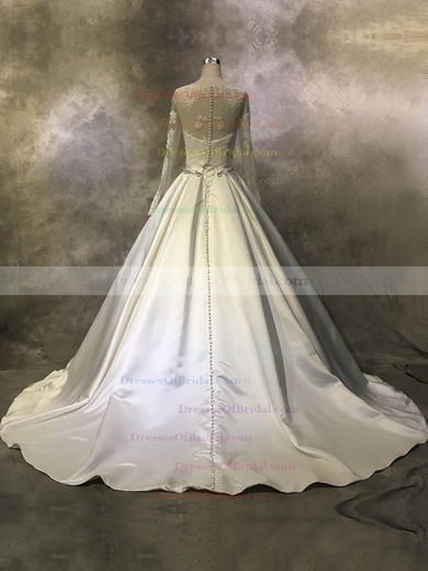 Satin Tulle Ball Gown Scoop Neck Court Train with Beading Wedding Dresses #DOB00022943