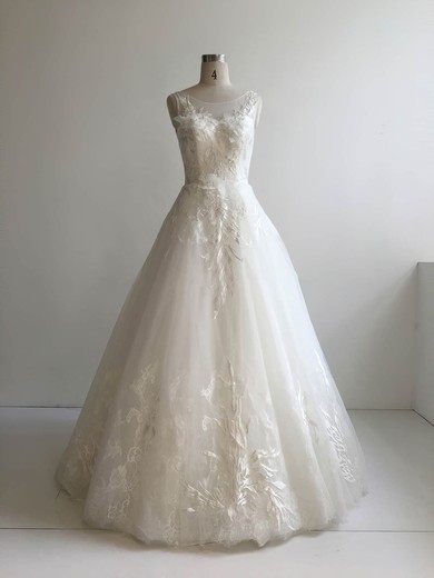 Lace Tulle Ball Gown Scoop Neck Floor-length with Appliques Lace Wedding Dresses #DOB00022951