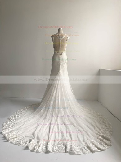 Lace Tulle Trumpet/Mermaid Scoop Neck Court Train with Pearl Detailing Wedding Dresses #DOB00022954