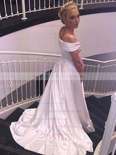 Satin A-line Off-the-shoulder Sweep Train with Ruffles Wedding Dresses #DOB00022957