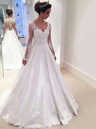 Satin Tulle Ball Gown V-neck Sweep Train with Appliques Lace Wedding Dresses #DOB00022958