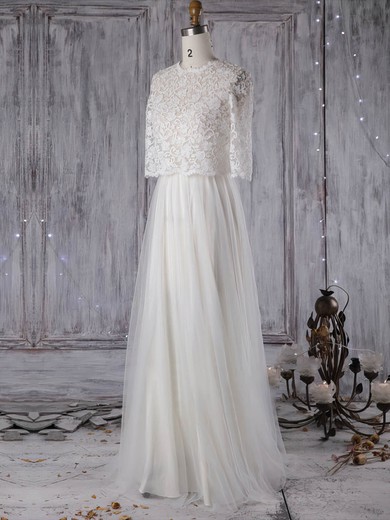 Lace Tulle A-line Scoop Neck Sweep Train with Pearl Detailing Wedding Dresses #DOB00022965