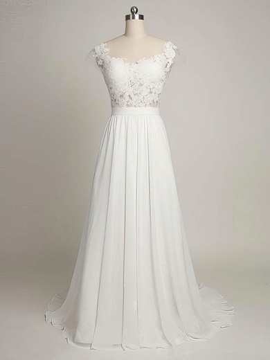 Tulle Chiffon A-line Scoop Neck Sweep Train with Appliques Lace Wedding Dresses #DOB00022968