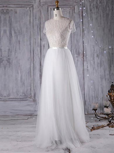 Tulle A-line Scoop Neck Floor-length with Sashes / Ribbons Wedding Dresses #DOB00022971