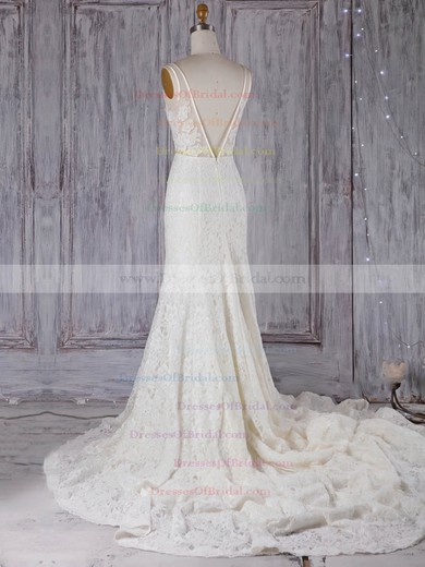 Lace Tulle Trumpet/Mermaid V-neck Court Train with Appliques Lace Wedding Dresses #DOB00022972