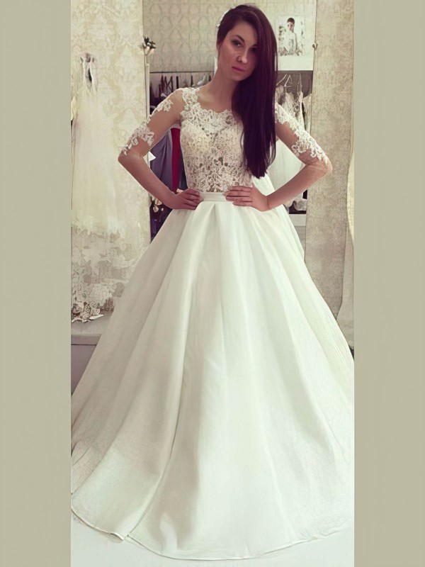 Satin Tulle Ball Gown Scoop Neck Sweep Train with Appliques Lace Wedding Dresses #DOB00022973