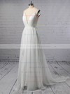 Tulle A-line V-neck Sweep Train with Sashes / Ribbons Wedding Dresses #DOB00022975