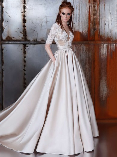Satin Tulle Ball Gown Scoop Neck Court Train with Sashes / Ribbons Wedding Dresses #DOB00022977