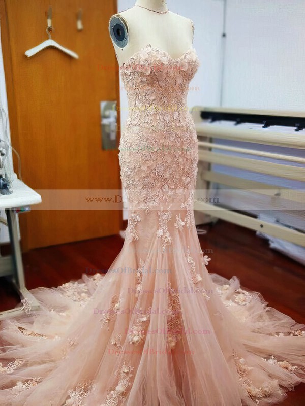 Tulle Trumpet/Mermaid Sweetheart Court Train with Appliques Lace Wedding Dresses #DOB00022981