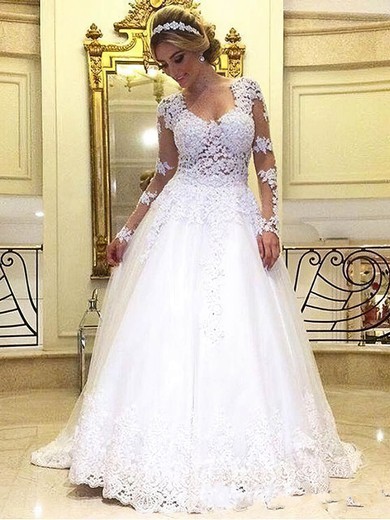 Tulle Princess Scoop Neck Sweep Train with Appliques Lace Wedding Dresses #DOB00022993