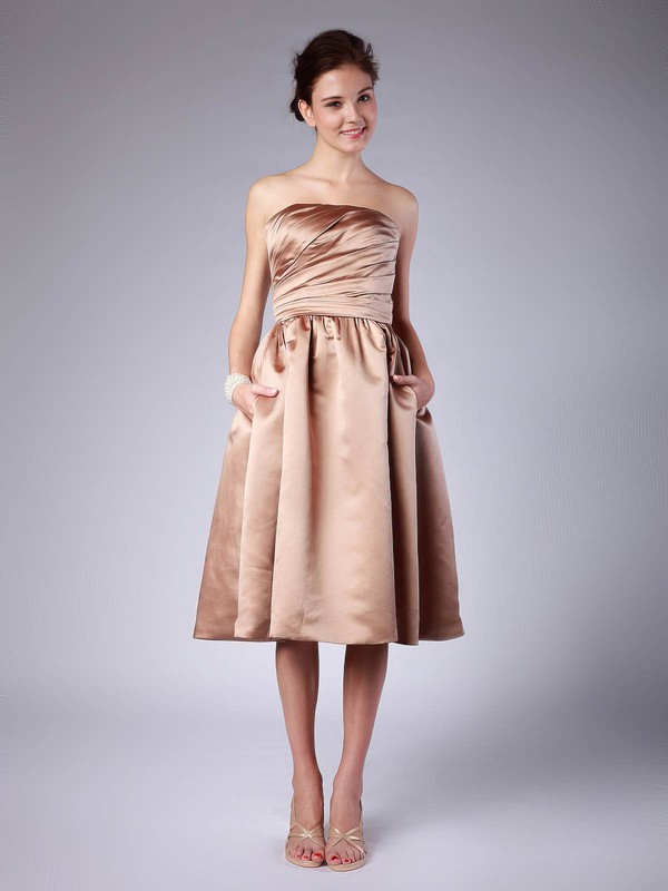 Strapless A-line Tea-length Satin Pleats Bridesmaid Dresses #DOB02013614