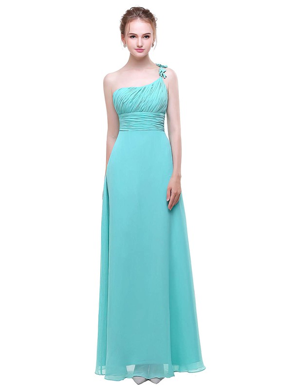 Chiffon A-line One Shoulder Floor-length with Flower(s) Bridesmaid Dresses #DOB01013444