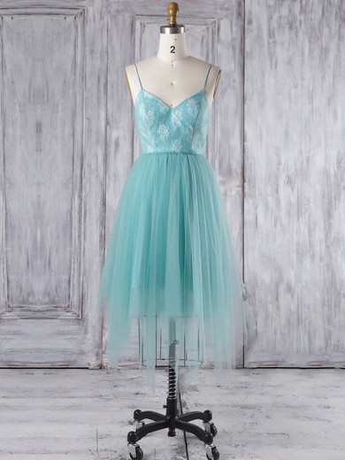 Tulle A-line V-neck Asymmetrical with Lace Bridesmaid Dresses #DOB01013348