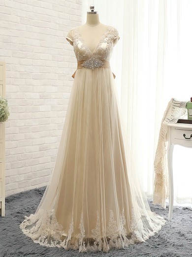 Tulle Empire V-neck Sweep Train with Appliques Lace Bridesmaid Dresses #DOB01013397