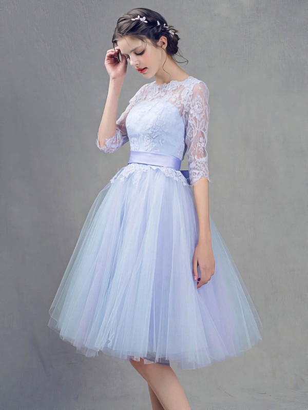 Lace Tulle Princess Scoop Neck Knee-length with Sashes / Ribbons Bridesmaid Dresses #DOB01013409