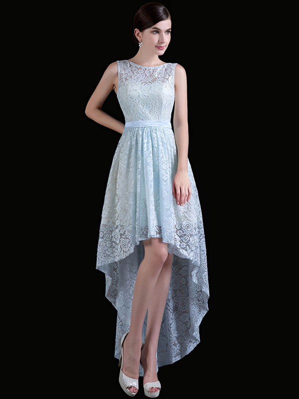 Lace A-line Scoop Neck Asymmetrical with Sashes / Ribbons Bridesmaid Dresses #DOB01013411