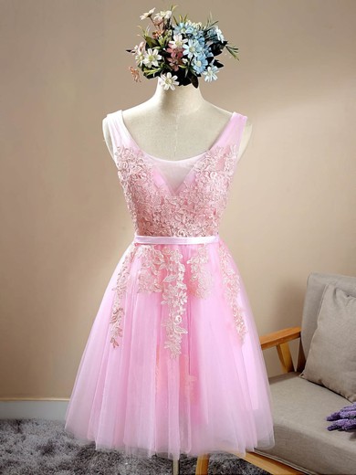 Tulle A-line Scoop Neck Short/Mini with Appliques Lace Bridesmaid Dresses #DOB01013415