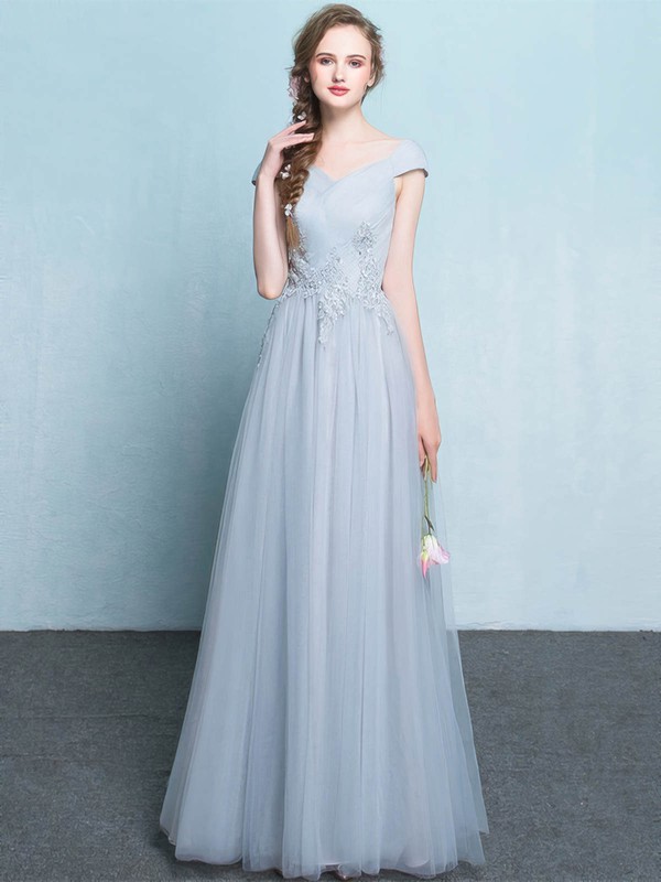 Tulle A-line V-neck Floor-length with Appliques Lace Bridesmaid Dresses #DOB01013425