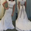 Lace A-line V-neck Sweep Train with Sashes / Ribbons Wedding Dresses #DOB00023011