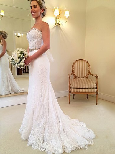 Lace Trumpet/Mermaid Sweetheart Sweep Train with Sashes / Ribbons Wedding Dresses #DOB00023014