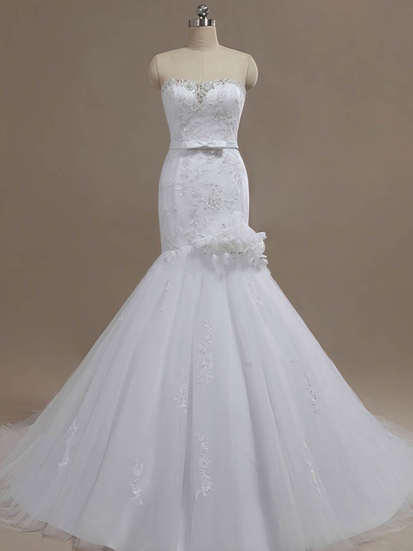 Tulle Trumpet/Mermaid Sweetheart Court Train with Beading Wedding Dresses #DOB00023024