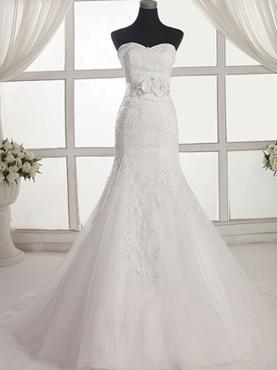 Tulle Trumpet/Mermaid Sweetheart Sweep Train with Appliques Lace Wedding Dresses #DOB00023027