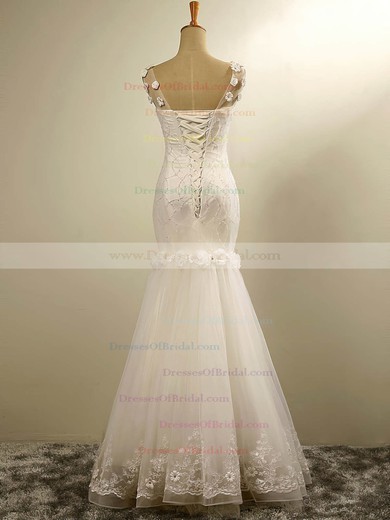Tulle Trumpet/Mermaid V-neck Floor-length with Flower(s) Wedding Dresses #DOB00023029