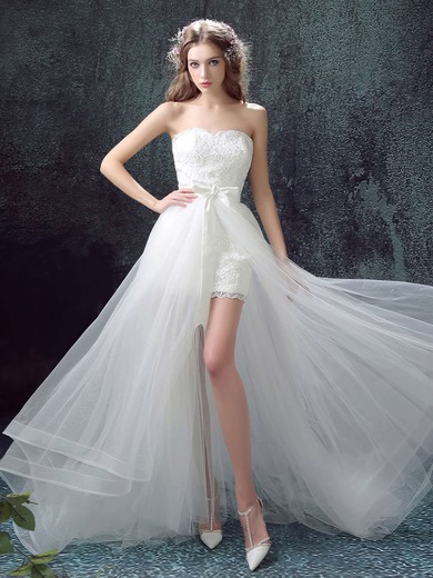 Tulle Lace A-line Strapless Sweep Train with Sashes / Ribbons Wedding Dresses #DOB00023033