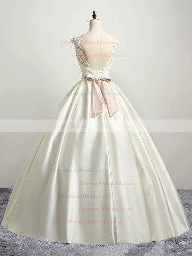 Satin Tulle Ball Gown Scoop Neck Floor-length with Appliques Lace Wedding Dresses #DOB00023035