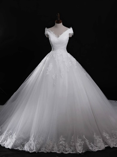 Tulle Ball Gown V-neck Cathedral Train with Appliques Lace Wedding Dresses #DOB00023040