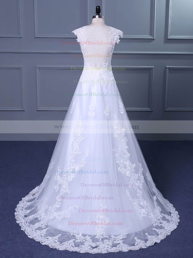 Tulle Princess V-neck Sweep Train with Appliques Lace Wedding Dresses #DOB00023047
