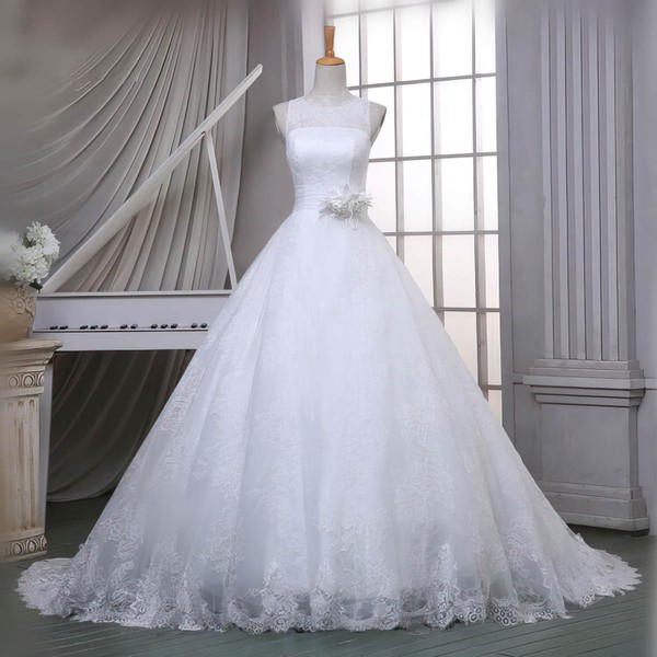 Lace Ball Gown Scoop Neck Sweep Train with Sashes / Ribbons Wedding Dresses #DOB00023051