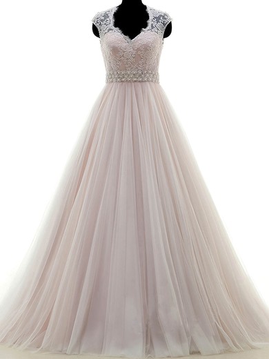 Tulle Ball Gown V-neck Sweep Train with Appliques Lace Wedding Dresses #DOB00023053
