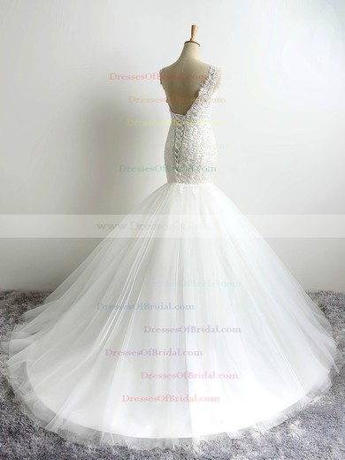 Tulle Trumpet/Mermaid V-neck Court Train with Appliques Lace Wedding Dresses #DOB00023054
