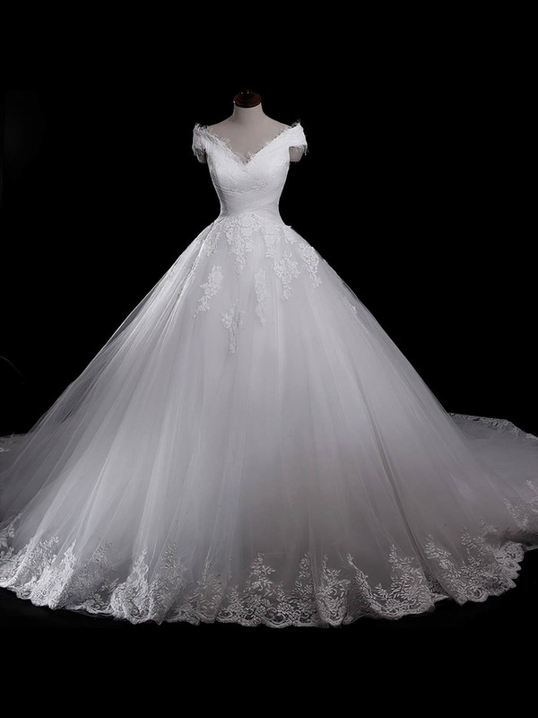 Tulle Ball Gown V-neck Chapel Train with Appliques Lace Wedding Dresses #DOB00023055