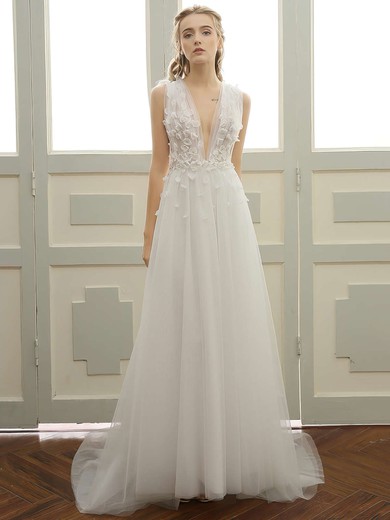 Tulle A-line V-neck Sweep Train with Lace Wedding Dresses #DOB00023057