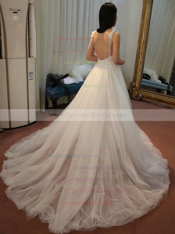 Tulle Ball Gown V-neck Sweep Train with Appliques Lace Wedding Dresses #DOB00023062