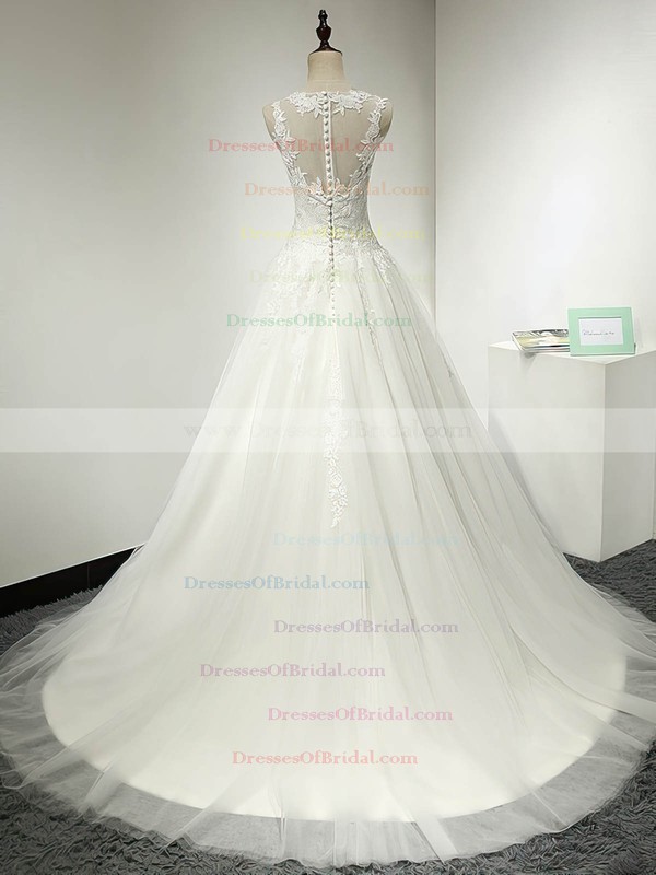 Tulle Ball Gown Scoop Neck Sweep Train with Appliques Lace Wedding Dresses #DOB00023064