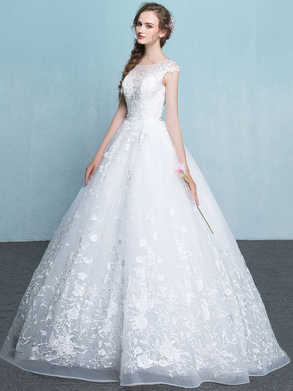 Organza Ball Gown Scoop Neck Floor-length with Appliques Lace Wedding Dresses #DOB00023065
