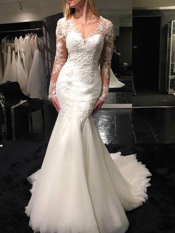 Tulle Trumpet/Mermaid Scoop Neck Sweep Train with Appliques Lace Wedding Dresses #DOB00023070