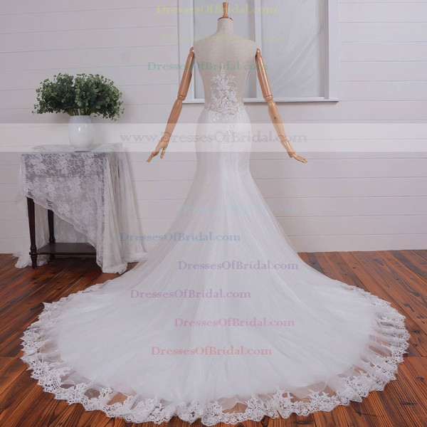 Lace Tulle Trumpet/Mermaid V-neck Court Train with Appliques Lace Wedding Dresses #DOB00023074