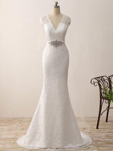 Lace Trumpet/Mermaid V-neck Sweep Train with Sashes / Ribbons Wedding Dresses #DOB00023075