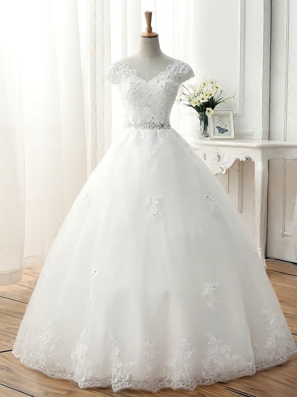 Tulle Ball Gown V-neck Floor-length with Beading Wedding Dresses #DOB00023077