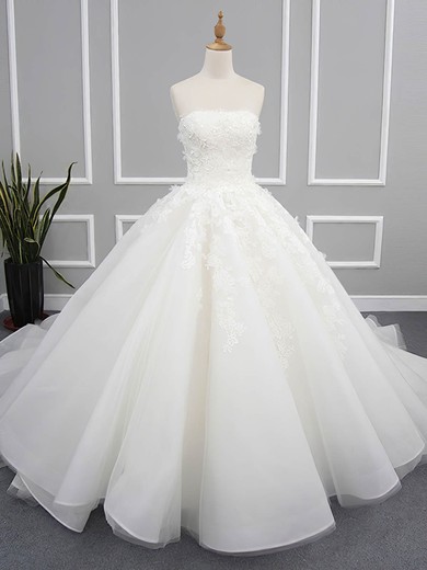 Organza Tulle Ball Gown Strapless Chapel Train with Appliques Lace Wedding Dresses #DOB00023078