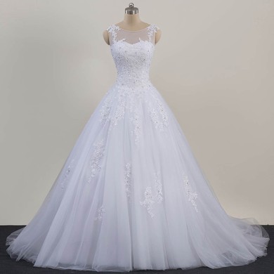 Tulle Ball Gown Scoop Neck Sweep Train with Beading Wedding Dresses #DOB00023081