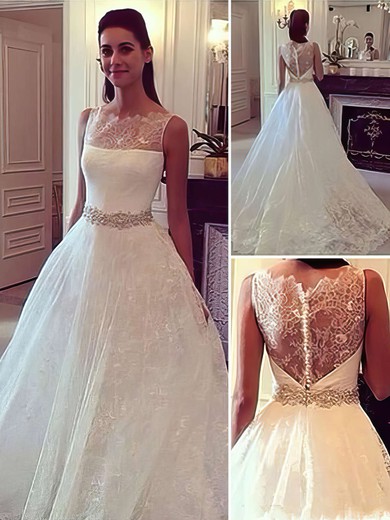 Lace Ball Gown Scoop Neck Sweep Train with Sashes / Ribbons Wedding Dresses #DOB00023084