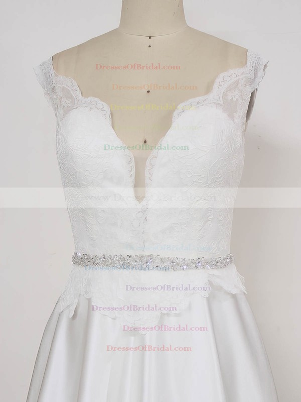 Lace Satin Princess V-neck Sweep Train with Beading Wedding Dresses #DOB00023002
