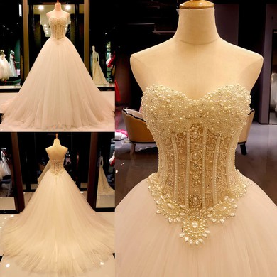 Tulle Ball Gown Sweetheart Court Train with Crystal Detailing Wedding Dresses #DOB00023004