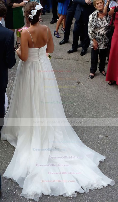 Chiffon A-line V-neck Court Train with Ruffles Wedding Dresses #DOB00023006